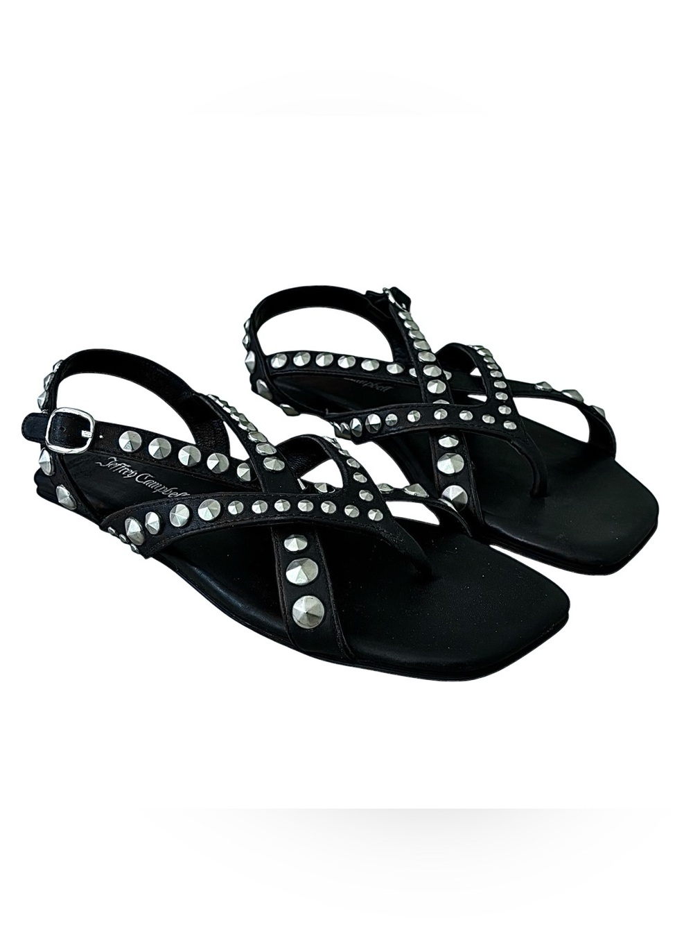 NWOB 🌹JEFFREY CAMPBELL Black Silver Studded Leather Thong Sandals🌹